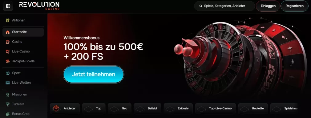 Revolution Casino – 100% bis zu €500 + 200 Freispiele, jetzt online spielen